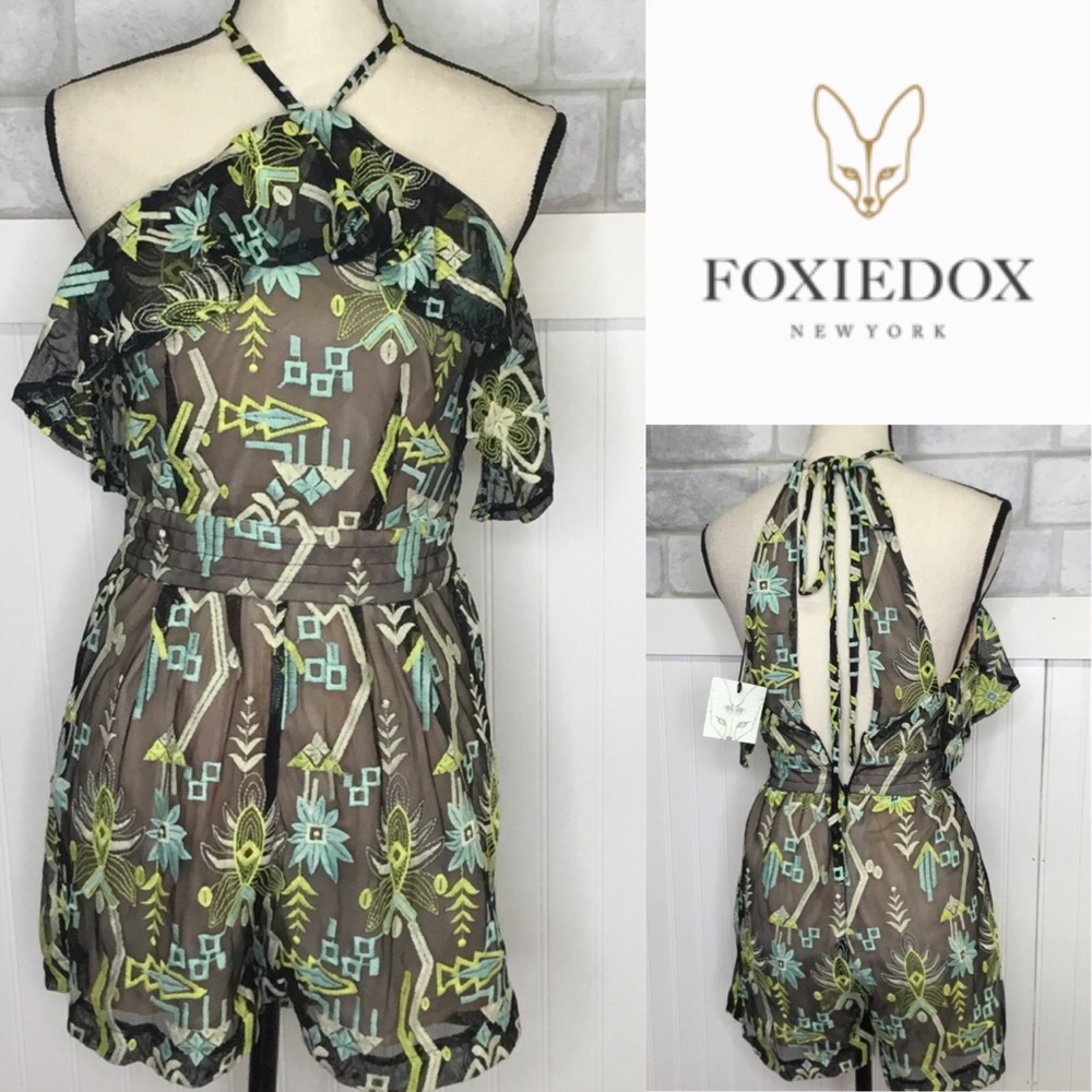 foxiedox Sheer Black Romper with Neon Green & Aqua Geometric Print